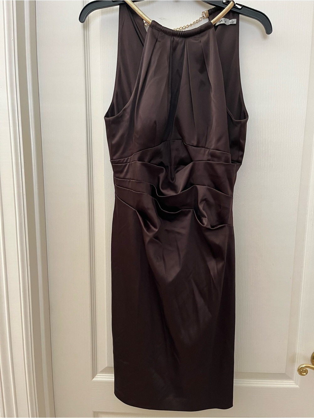 Stunning Eliza J Brown Satin Halter Dress with Gold Accent
